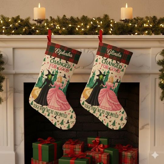 Wicked Christmas Stockings, Personalized Wizard Stocking, Elphaba and Glinda Gift, Broadway Fan Decor, Custom Holiday Mantel Decoration