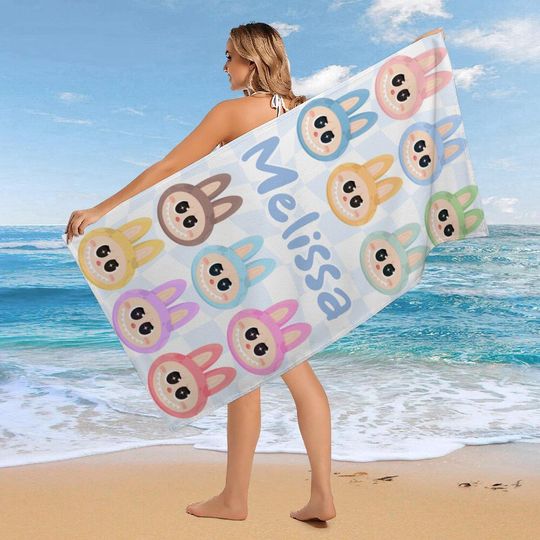 Personalized Labubu Beach Towel, Custom Name Kids Towel, Summer Pool Gift for Kids, Labubu Cartoon Bath Towel