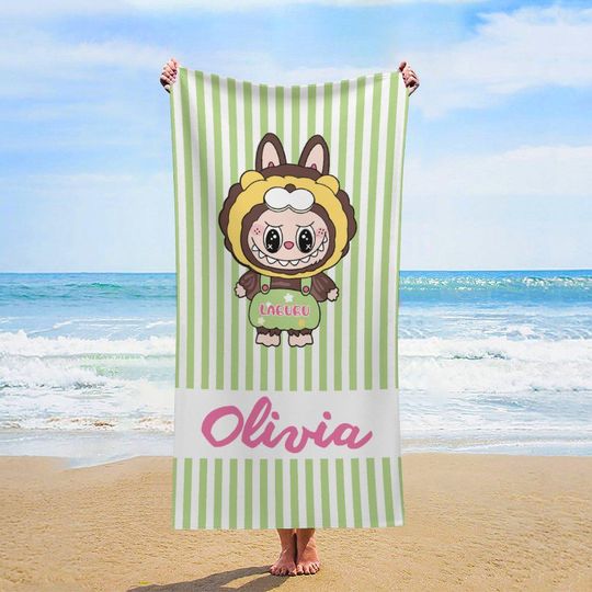 Personalized Striped Beach Towels with Labubu, Custom Name Pool Towels for Kids and Teens