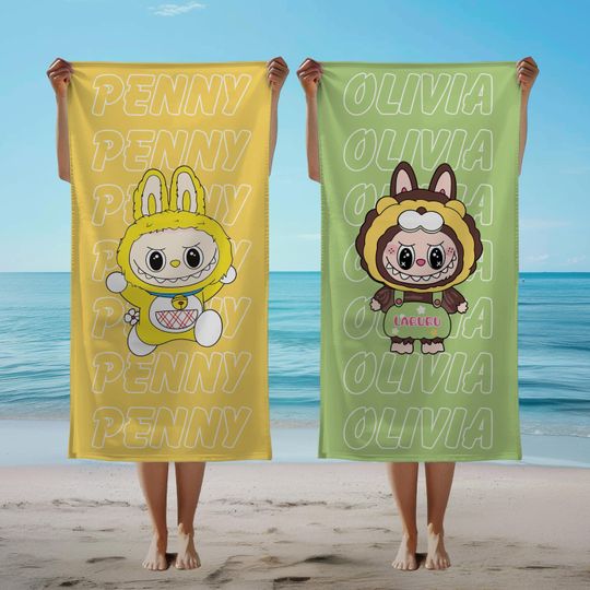 Custom Name Beach Towel for Kids, Teens, and Adults - Cute Labubu Pool Towel for Summer Vacations and Beach Parties
