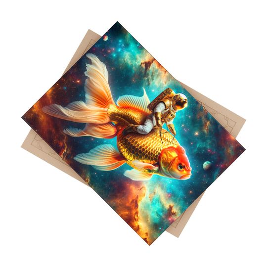 Cosmic Goldfish Ceramic Photo Tile, Astronaut Fish Decor, Unique Wall Art