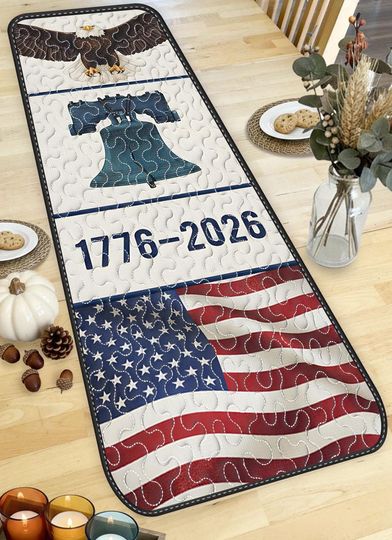 Patriotic Eagle Liberty Bell Quilted Table Runner, 250 Years 1776-2026 American Flag Table Decor, USA Heritage Quilt, Home Decor Runner