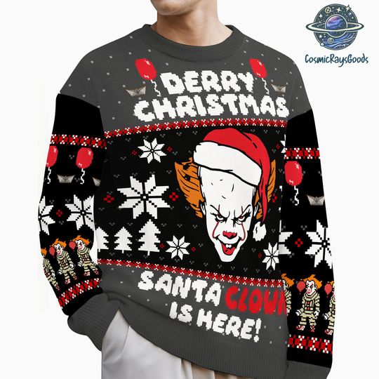 Pennywise Ugly Christmas Sweatshirt | It Movie Derry Christmas Santa Clown Is Here Ugly Sweater | Horror Halloween Movie Xmas Sweater