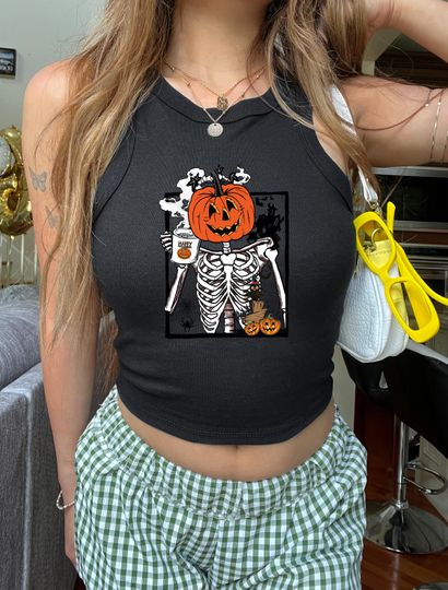 Funny Skeleton Crop Tank Top: Spooky Halloween Apparel