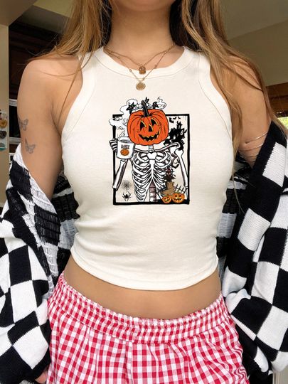 Funny Skeleton Crop Tank Top: Spooky Halloween Apparel