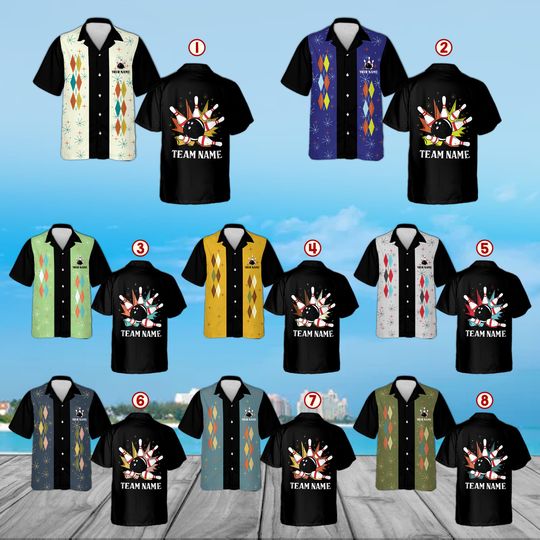 Custom Bowling Shirt Personalized Name Team, Retro Mid Century Modern Hawaiian Shirt, 1950s Vintage Style League Uniform, Bowler Gift Idea