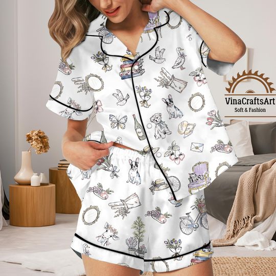 Cottagecore Pajamas Set, Vintage Book Dog Bicycle Pajamas Set, Cozy Floral Loungewear, Floral Pajamas Set, Whimsical Sleepwear