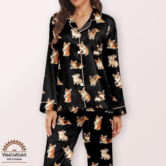 Cute Corgi Dog Silk Pajamas Set  Kawaii Dog Loungewear, Gift for Corgi Dog Dad Mom, Corgi Lover Lounge Set, Cute Puppy Silky PJs