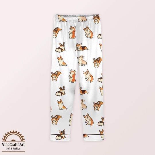 Cute Corgi Dog Silk Pajamas Set  Kawaii Dog Loungewear, Gift for Corgi Dog Dad Mom, Corgi Lover Lounge Set, Cute Puppy Silky PJs