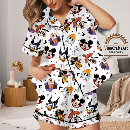 Cartoon Halloween Pajamas Set, Cute Dog Duck Mouse Sleepwear, Funny Disney Character Loungewear, Goofy And Witchy Vibes