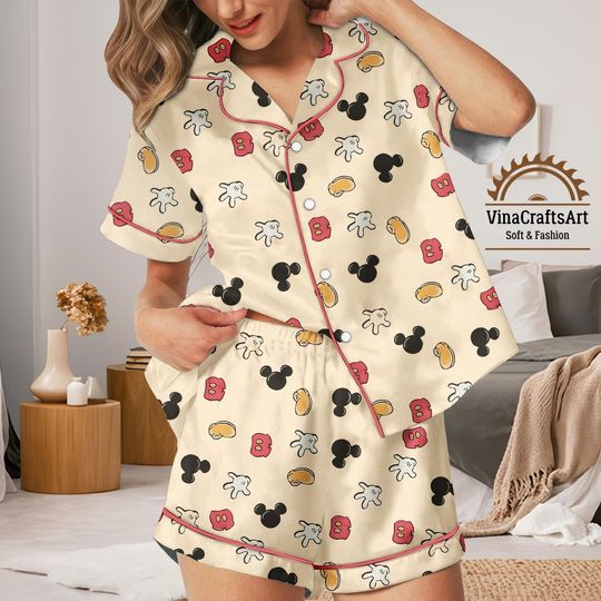 Cute Disney Pajamas Set, Mickey Ears & Snacks Sleepwear, Magic Kingdom Gift, Romantic Love Sleepwear, Disneyland Pajamas Set