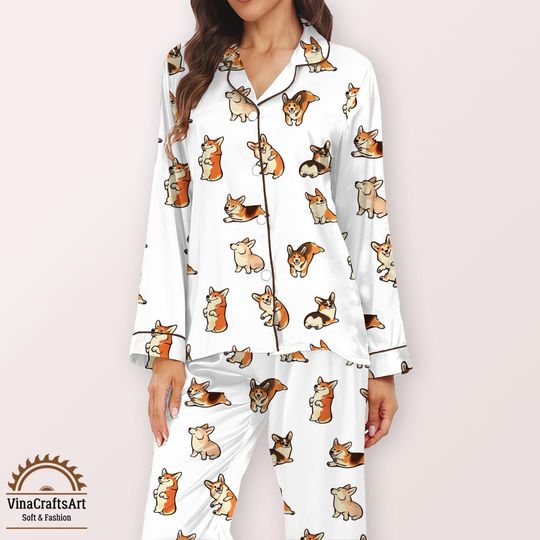 Cute Corgi Dog Silk Pajamas Set  Kawaii Dog Loungewear, Gift for Corgi Dog Dad Mom, Corgi Lover Lounge Set, Cute Puppy Silky PJs