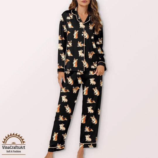 Cute Corgi Dog Silk Pajamas Set  Kawaii Dog Loungewear, Gift for Corgi Dog Dad Mom, Corgi Lover Lounge Set, Cute Puppy Silky PJs