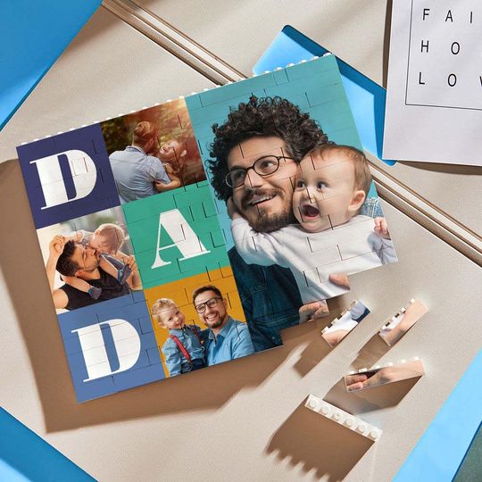 Custom Dad Photo Brick Puzzle, Personalized Dad Building Block Picture Display Art, Father's Day Gift, Gift for Dads, Handmade Desk Decor