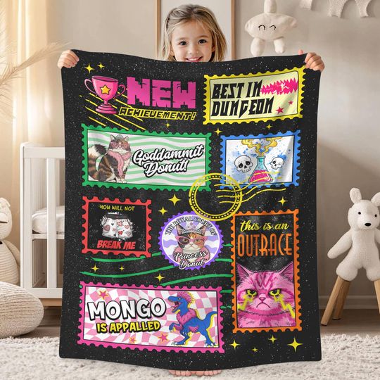 Dungeon Crawler Carl, Book Stamps Style Blanket Princess Donut And Mongo Fleece Blanket,