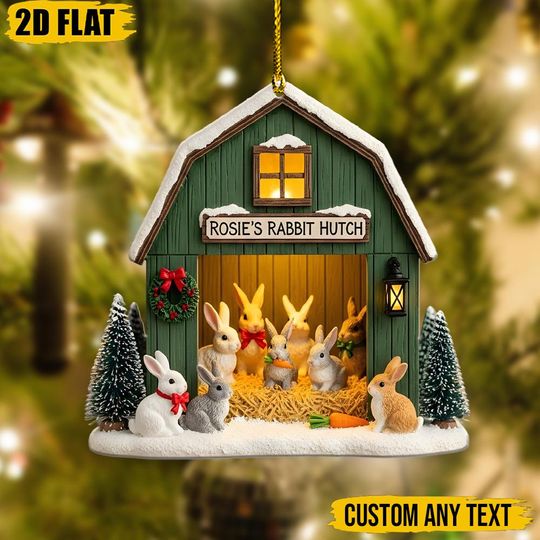 Personalized Rabbit Hutch Ornament 2D, Custom Bunny Farmhouse Xmas Decor, Unique Holiday Gift for Rabbit Lovers