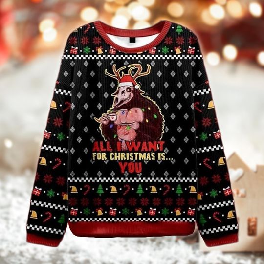 All I Want For Christmas Is You Sweater, Krampus Ugly Holiday Sweatshirt, Scary Xmas Monster Gift, Funny Anti-Santa Ugly Sweater