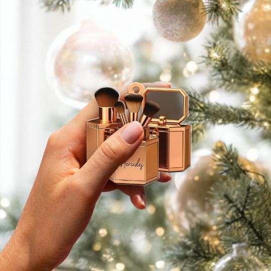 Personalized Makeup Brush Ornament, Custom Name Beauty Gift, MUA Christmas Tree Decor, Rose Gold Cosmetic Keepsake, Esthetician Gift