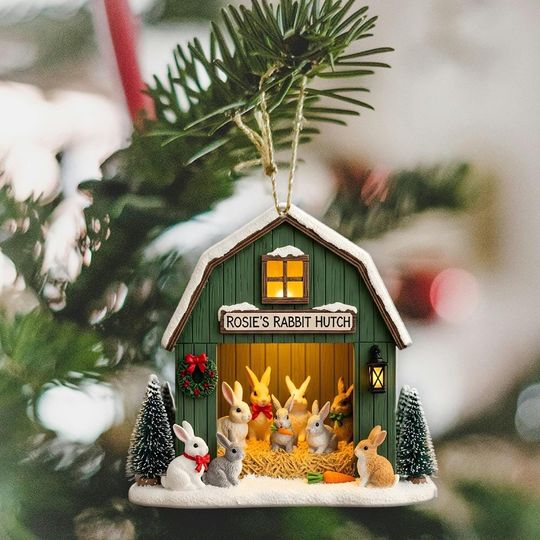 Personalized Rabbit Hutch Ornament 2D, Custom Bunny Farmhouse Xmas Decor, Unique Holiday Gift for Rabbit Lovers