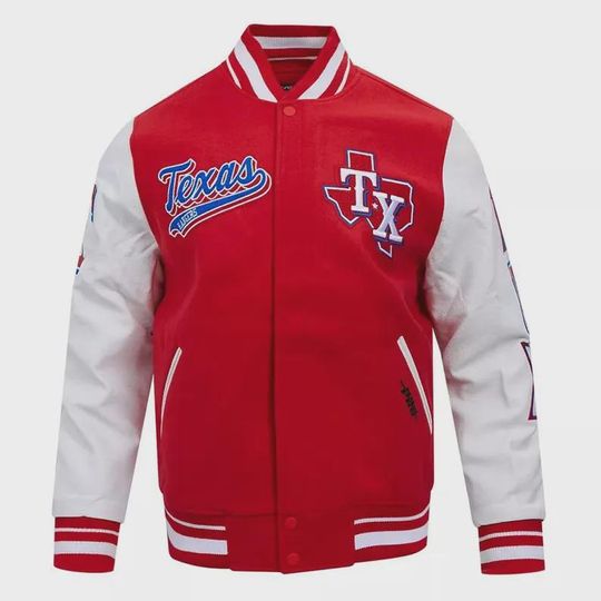 Men's Texas Rangers Varsity Baseball Jacket in Red Wool and Leather