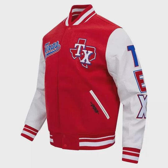 Men's Texas Rangers Varsity Baseball Jacket in Red Wool and Leather