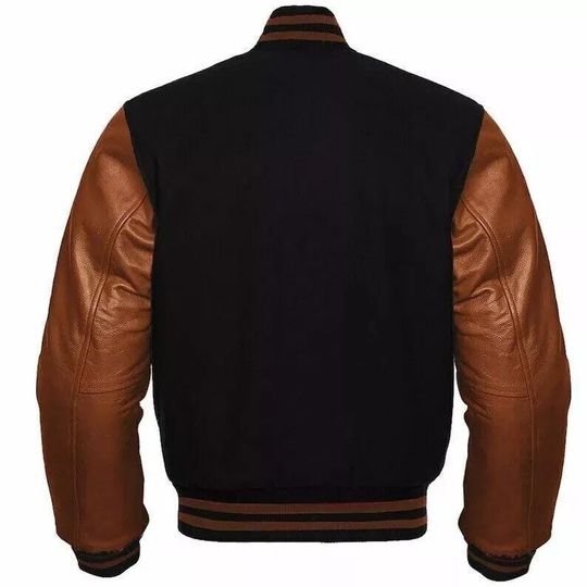 Custom Wool Varsity Jacket with Leather Sleeves - Black & Brown