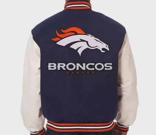Denver Broncos Varsity Jacket - Navy Wool and Leather Letterman, Handmade