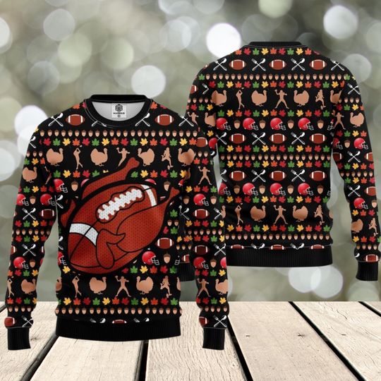 Turkey Ugly Christmas Sweater, Funny Football Thanksgiving Sweatshirt, Holiday Party Outfit, Amazing Winter Gift Idea for Friends and Family
