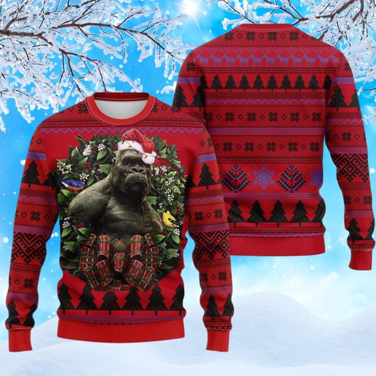 Gorilla Monster Ugly Christmas Sweater, Western Gorilla Funny Holiday Sweatshirt, Unique Wild Animal Xmas Gift, Thanksgiving Outfit Idea