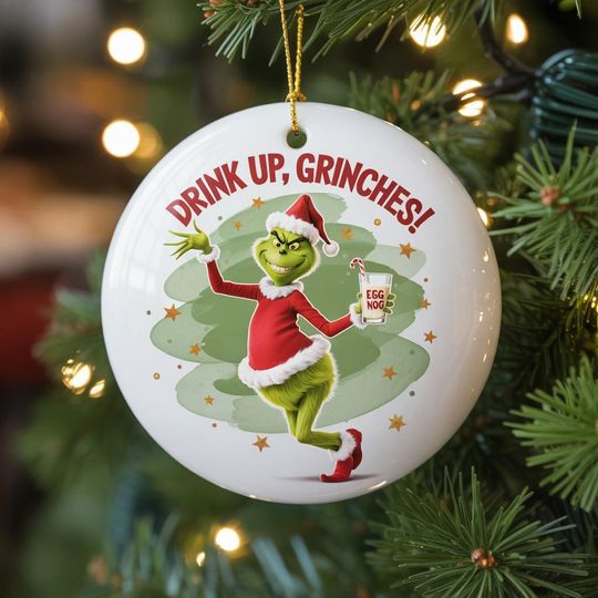Whimsical Green Holiday Cheer Ceramic Ornament for Christmas Decor