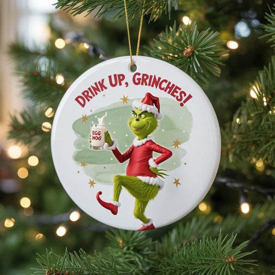 Whimsical Green Holiday Cheer Ceramic Ornament for Christmas Decor