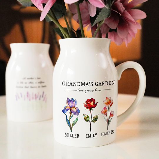 Personalized Birth Month Flower Ceramic Flower Vase, Custom Nana Garden Decor, Mother's Day Gift from Grandkids, Birthday Keepsake Family