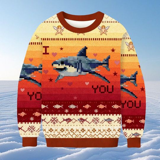 I Heart You Shark Ugly Christmas Sweater, Funny Sea Creature Holiday Sweatshirt, Ocean Lover Xmas Jumper Gift