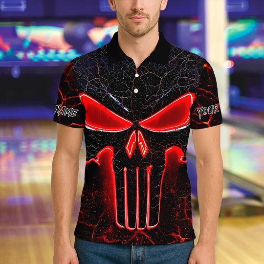 Custom Bowling Polo Shirt with Flame Punisher Skull Design, Personalized Name and Team Options