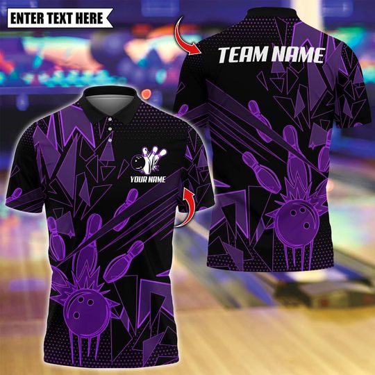 Custom Bowling Team Polo Shirt with Multicolor Bowling Pins Design, Personalized Name and 3D Logo for Men