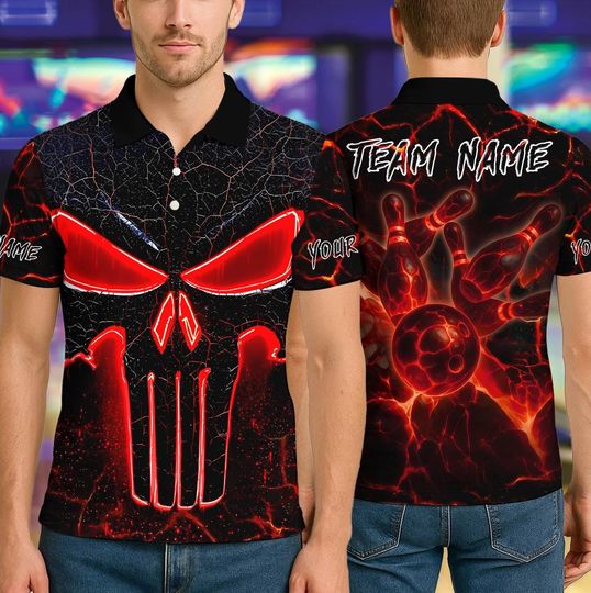 Custom Bowling Polo Shirt with Flame Punisher Skull Design, Personalized Name and Team Options