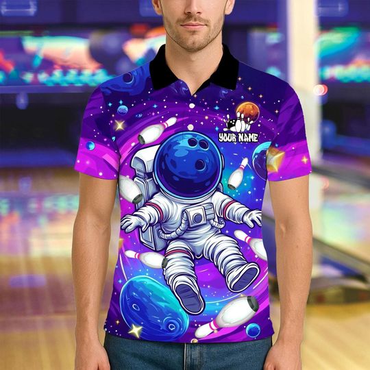 Custom Bowling Polo Shirt, Vibrant Astronaut Space Design, Personalized Bowling Polo for Men Women, Personalized Name Team 3D Shirt