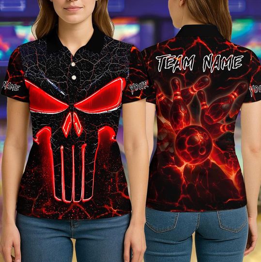 Custom Bowling Polo Shirt with Flame Punisher Skull Design, Personalized Name and Team Options