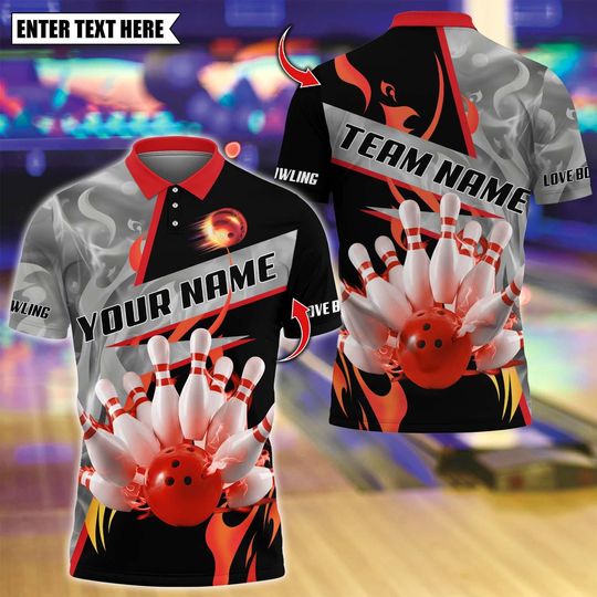 Custom Bowling Team Polo Shirt, Smoking Bowling Design, Personalized Bowling Jersey for Men,Personalized Name Team 3D Shirt
