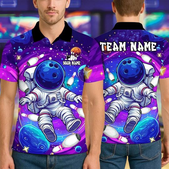 Custom Bowling Polo Shirt, Vibrant Astronaut Space Design, Personalized Bowling Polo for Men Women, Personalized Name Team 3D Shirt