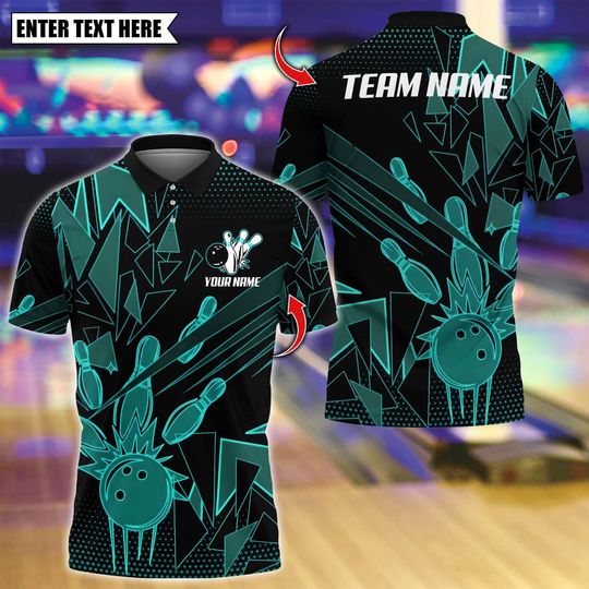 Custom Bowling Team Polo Shirt with Multicolor Bowling Pins Design, Personalized Name and 3D Logo for Men