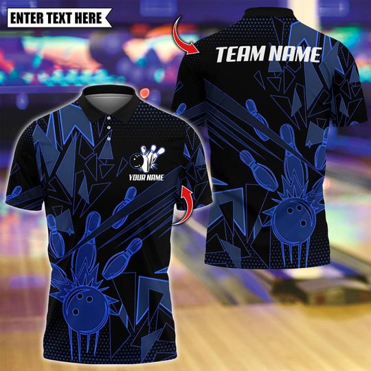 Custom Bowling Team Polo Shirt with Multicolor Bowling Pins Design, Personalized Name and 3D Logo for Men