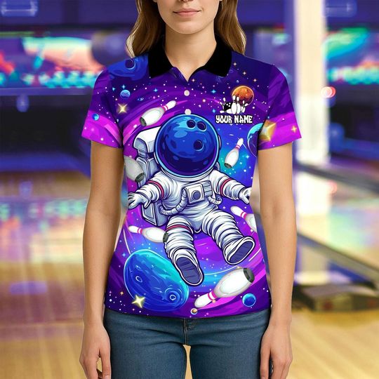 Custom Bowling Polo Shirt, Vibrant Astronaut Space Design, Personalized Bowling Polo for Men Women, Personalized Name Team 3D Shirt