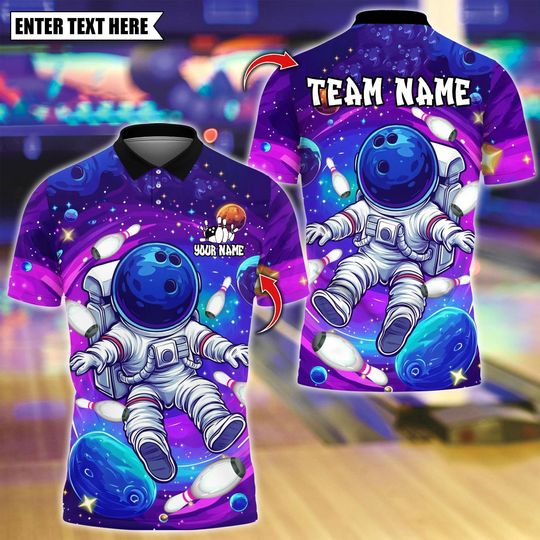 Custom Bowling Polo Shirt, Vibrant Astronaut Space Design, Personalized Bowling Polo for Men Women, Personalized Name Team 3D Shirt