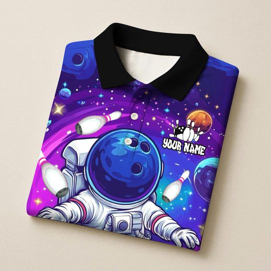 Custom Bowling Polo Shirt, Vibrant Astronaut Space Design, Personalized Bowling Polo for Men Women, Personalized Name Team 3D Shirt