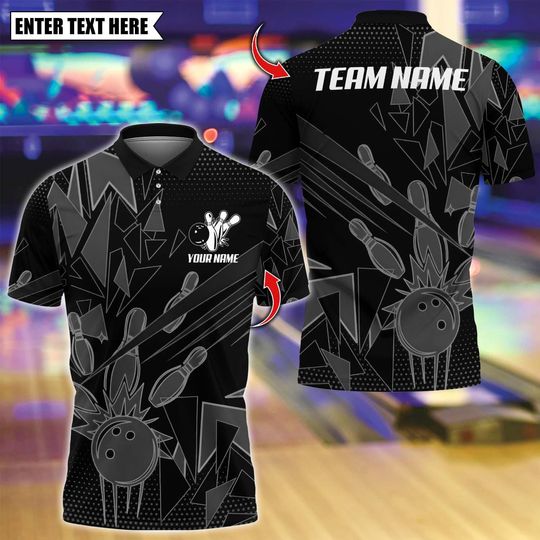 Custom Bowling Team Polo Shirt with Multicolor Bowling Pins Design, Personalized Name and 3D Logo for Men