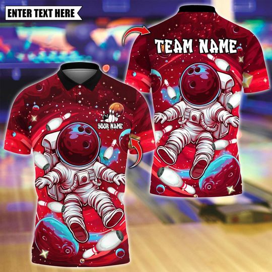 Custom Bowling Polo Shirt, Vibrant Astronaut Space Design, Personalized Bowling Polo for Men Women, Personalized Name Team 3D Shirt
