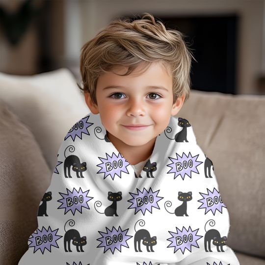 Black Cat Halloween Blanket: Cosy Minky Fleece, 'Boo' Design
