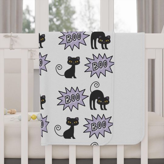 Black Cat Halloween Blanket: Cosy Minky Fleece, 'Boo' Design