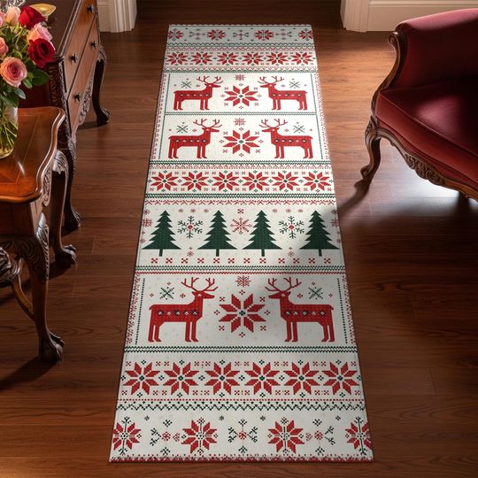 Christmas Runner Rug: Red Reindeer Snowflake Holiday Decor